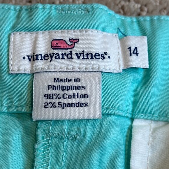 Vineyard Vines Shorts Chino Seafoam Green Pink Embroidered Whales Preppy Size 14 - Picture 2 of 11